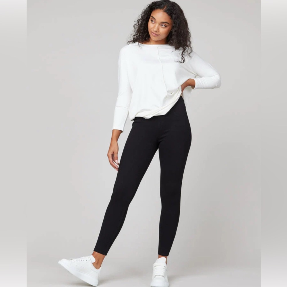 Spanx black denim jeanish leggings skinny fit tummy control S